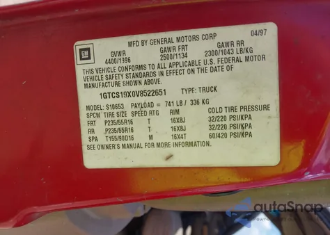 1997 GMC Sonoma Sls Sportside from USA, damaged, VIN 1GTCS19X0V8522651